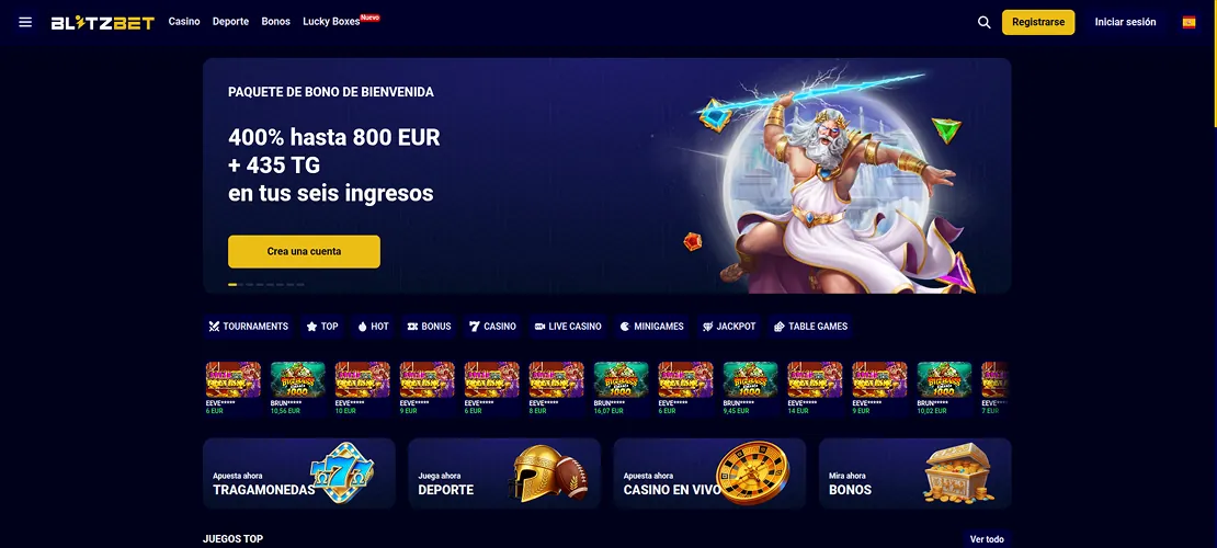 Captura de Blitz Bet: diseño y tragaperras